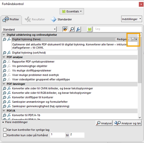 Dialogboksen Forhåndskontrol vises, og flagindstillingen er fremhævet