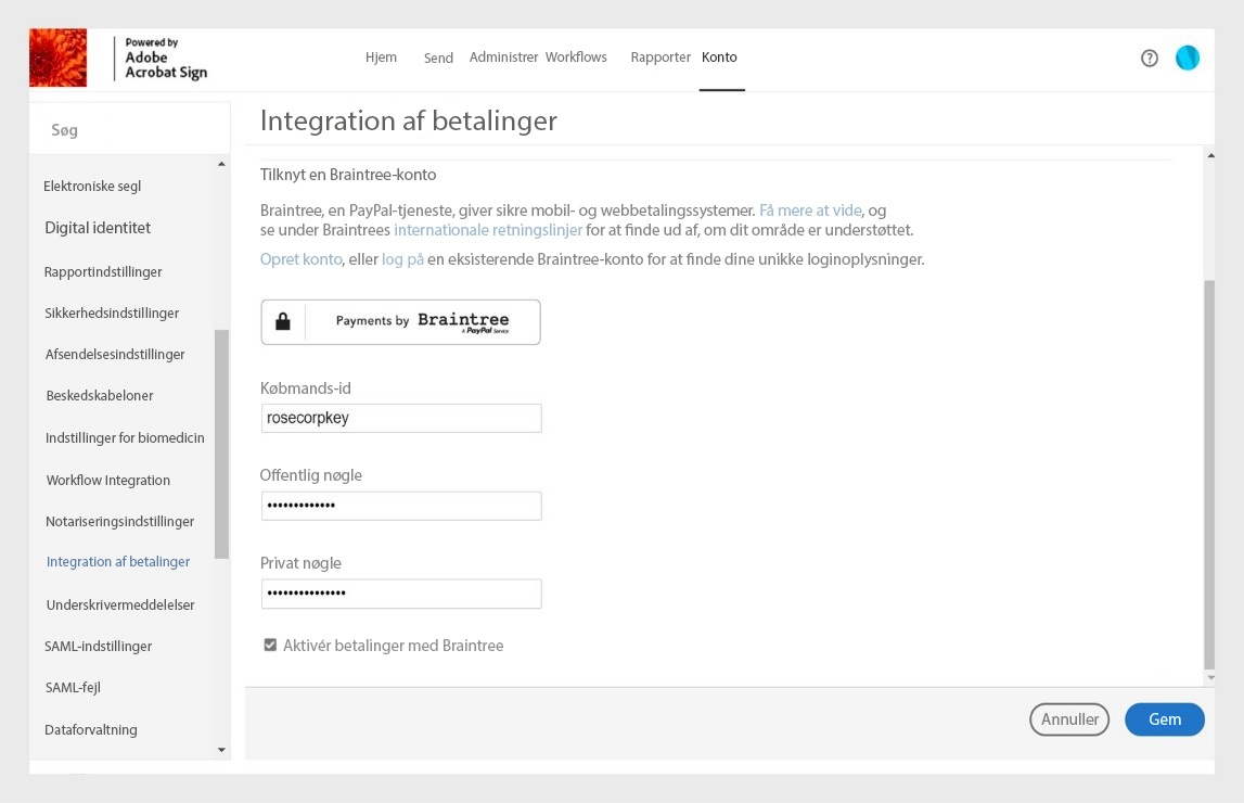 Acrobat Sign-kontoindstillingernes side Betalingsintegration vises. Du skal angive og gemme købmandsoplysningerne for at aktivere opkrævning af onlinebetalinger.