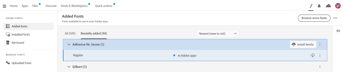 Skrifttyper, der er tilføjet i abonnementet, vises.