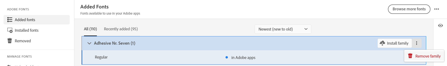 Menuen til fjernelse af skrifttyper vises 