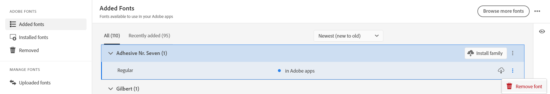 Menuen Fjern én skrifttype vises.