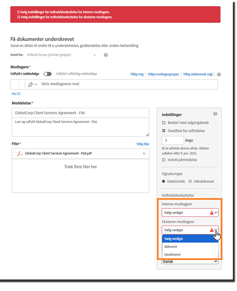 Send-siden, der fremhæver felterne til indholdsbeskyttelse.