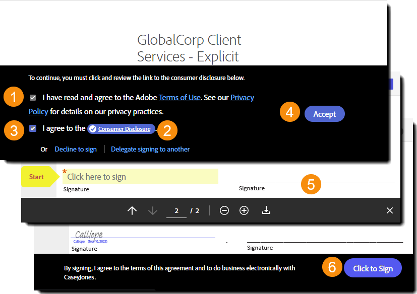 Udtrykkeligt samtykke med klik gennem trin for at acceptere brugsvilkår og videregivelse af oplysninger