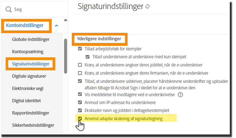 Administratormenuen Signaturpræferencer med "Anvend adaptive kontrolelementer til skalering af signatur" markeret