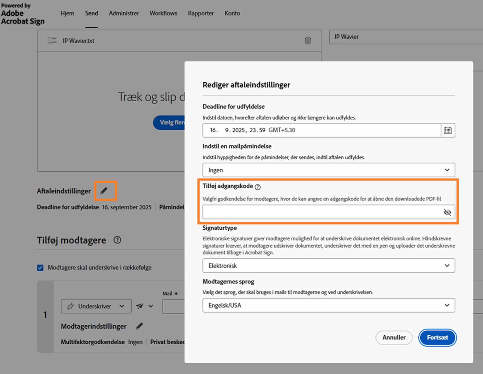 Sektionen Aftaleindstillinger i aftalen med Tilføj adgangskode fremhævet.