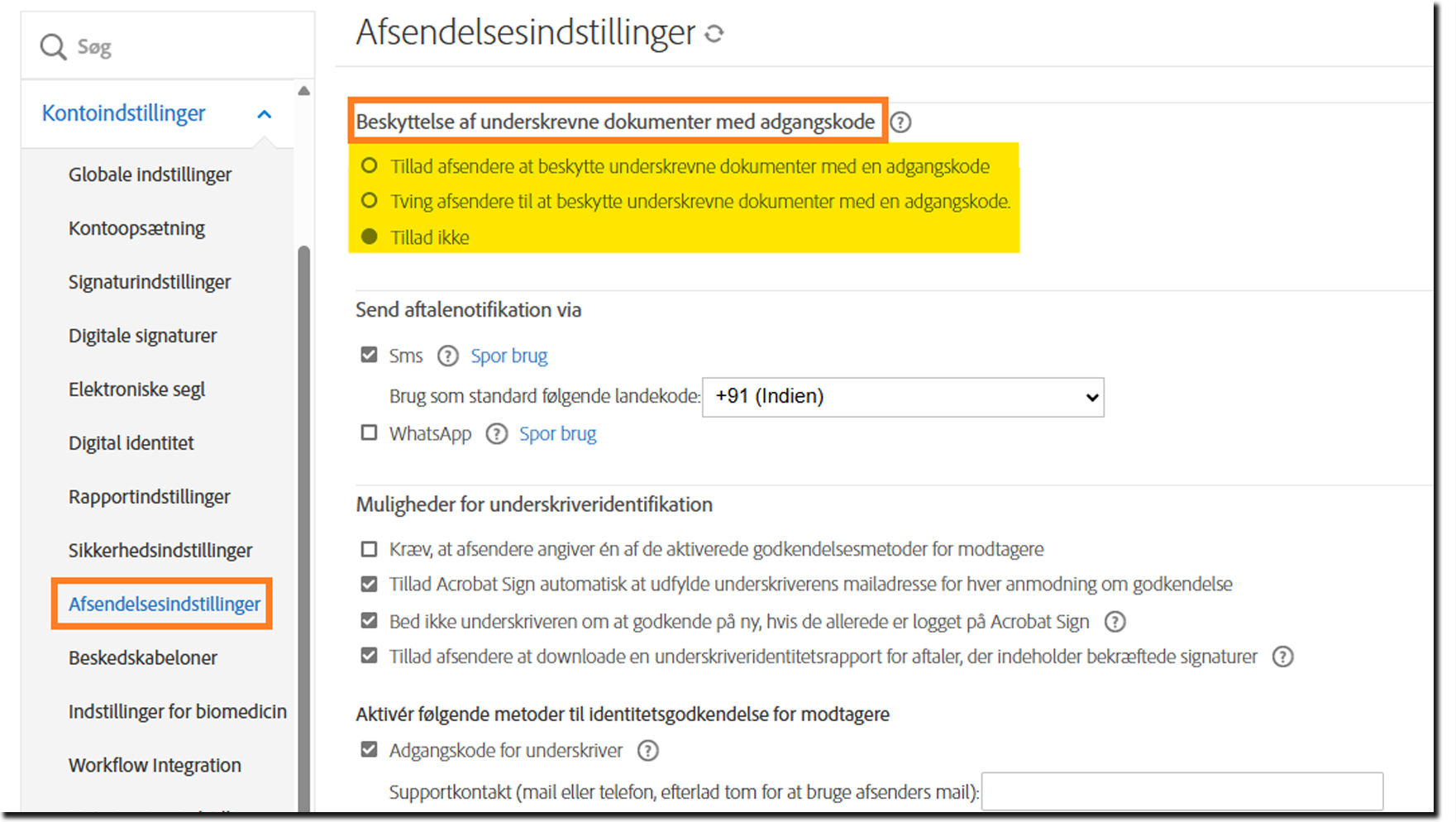 Menuen Afsendelsesindstillinger i administratorindstillingerne, der fremhæver kontrolelementerne til beskyttelse af underskrevne dokumenter med adgangskode.