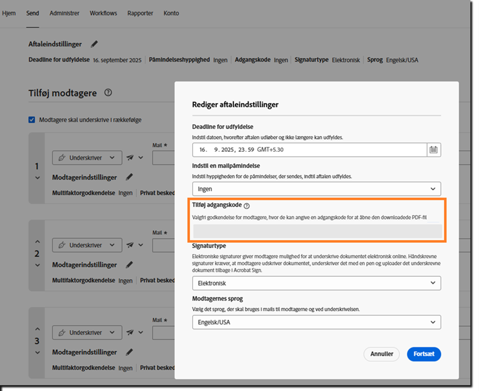 Sektionen Aftaleindstillinger i aftalen, der fremhæver det låste Tilføj adgangskode-felt.