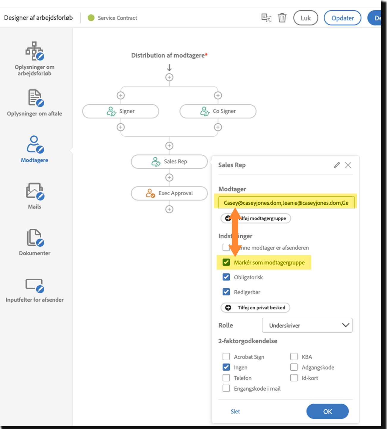 Workflowdesigneren med Markér som modtagergruppe valgt og den resulterende Send-side med modtagergruppemedlemmerne vist