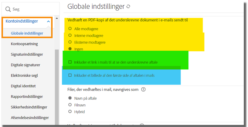 Globale indstillinger i administratormenuen, der fremhæver kontrollerne til at vedhæfte en PDF og vise billede og link på e-mails.