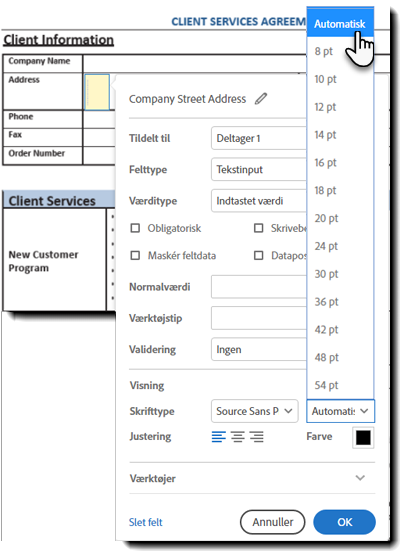 Egenskaber for tekstfelters skriftstørrelse