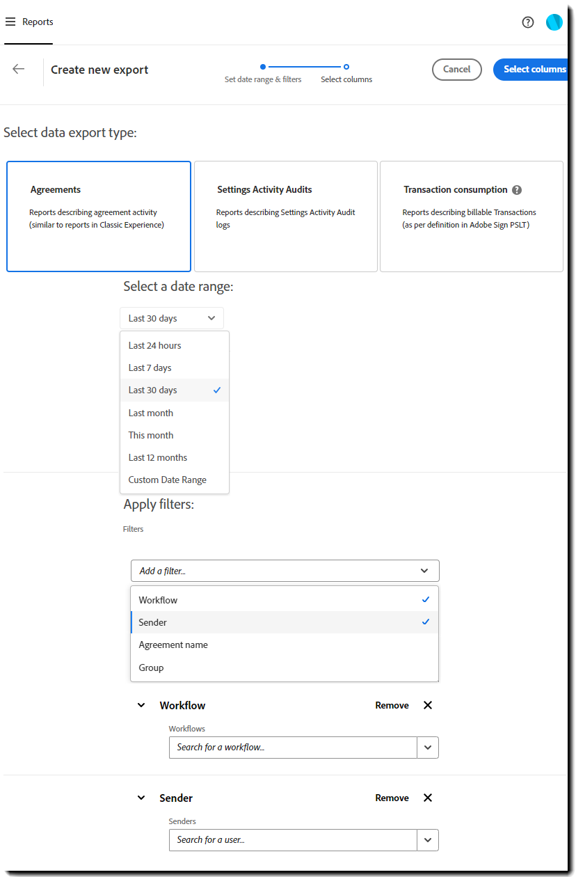 Konfigurationsside til dataeksport med datovælger og filer til arbejdsforløb udvidet
