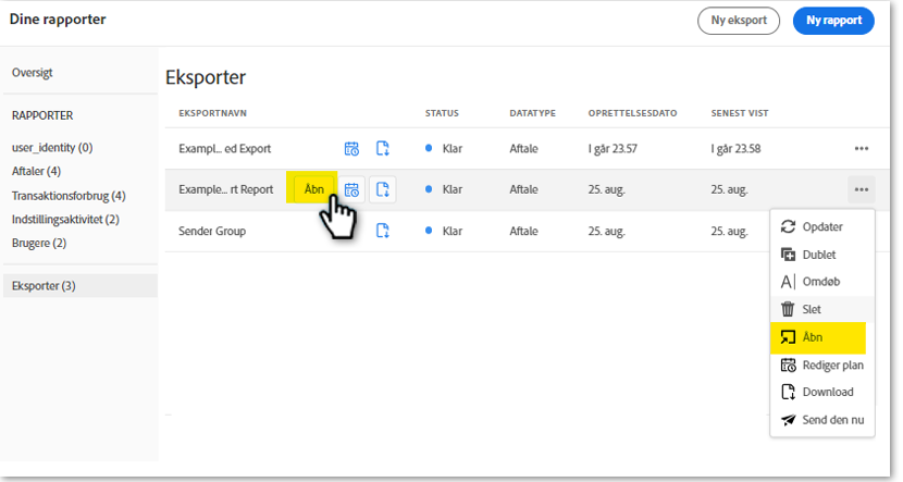 Eksportér post med indstillingsmenuen åben, og knappen Åbn, som er fremhævet