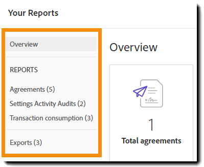 Oversigtslisten over alle rapporter, der er tilgængelige for brugeren efter rapporttype