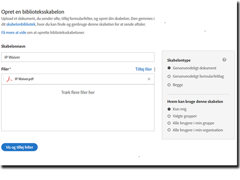 Siden "Opret en biblioteksskabelon" viser alle indstillingerne for at konfigurere skabelonegenskaberne.