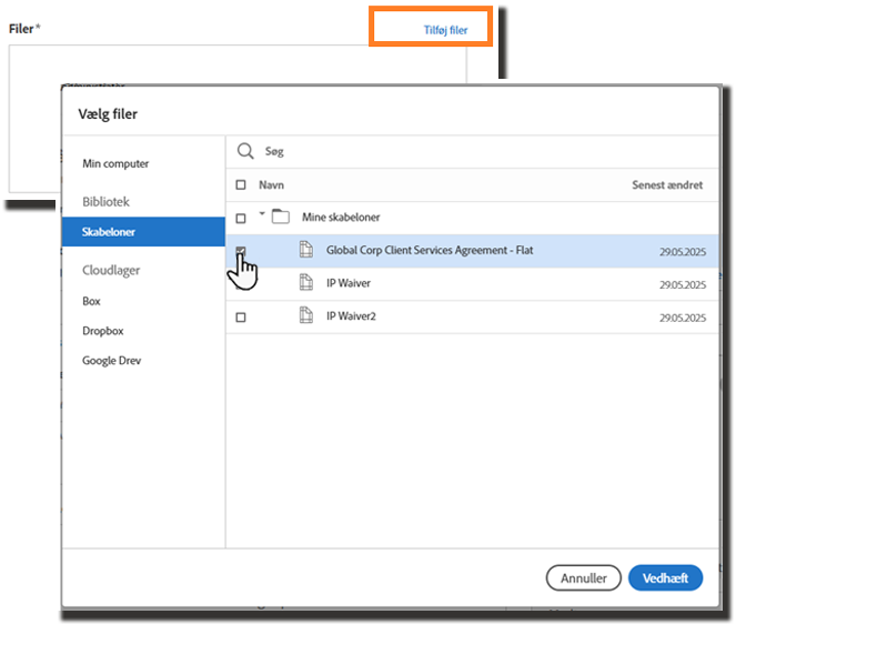 Sektionen Filer på siden Send med skabelonen, der vises