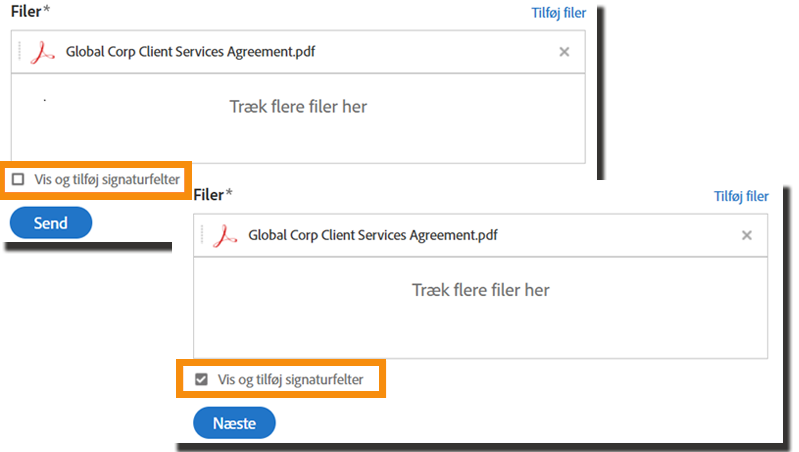 Nederst på siden Send, der fremhæver indstillingen "Forhåndsvis og tilføj signaturfelter"