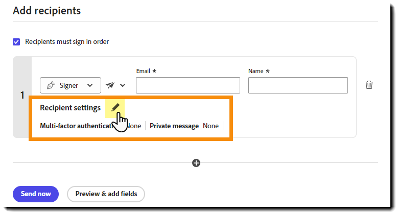 Afsnittet "Tilføj modtagere" med muligheden "Modtagerindstillinger" fremhævet