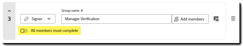 Afsnittet "Tilføj modtager" under Anmod om signaturer, der fremhæver en gruppemodtager med "Alle medlemmer skal fuldføre til/fra" fremhævet.