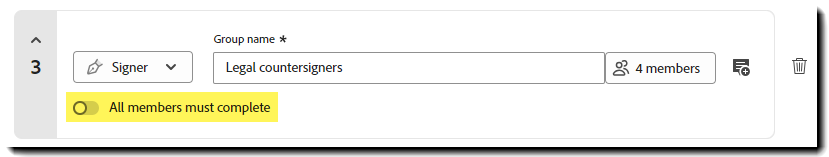 Afsnittet "Tilføj modtager" under Anmod om signaturer, der fremhæver en gruppemodtager med "Alle medlemmer skal fuldføre til/fra" fremhævet.