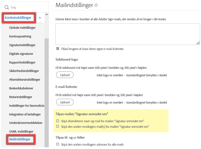 Naviger til indstillingerne "Tilpas den signaturanmodede e-mail"