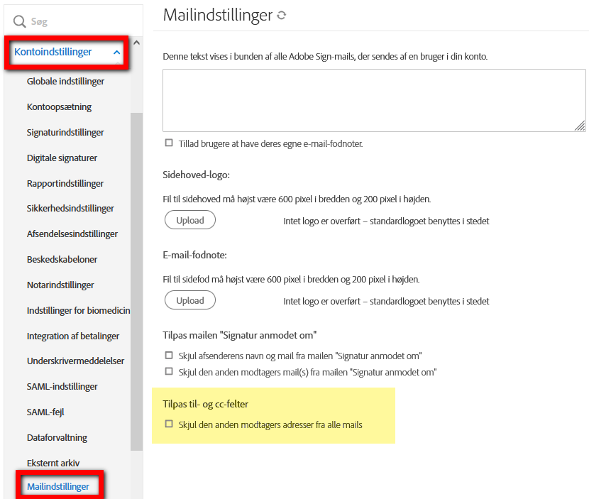 Kontroller til at undertrykke TOP- og CC-mails i mailoverskrifter