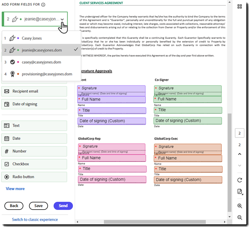 Oprettelsesmiljøet, der viser listen over modtagere og deres respektive felter farvekodede.