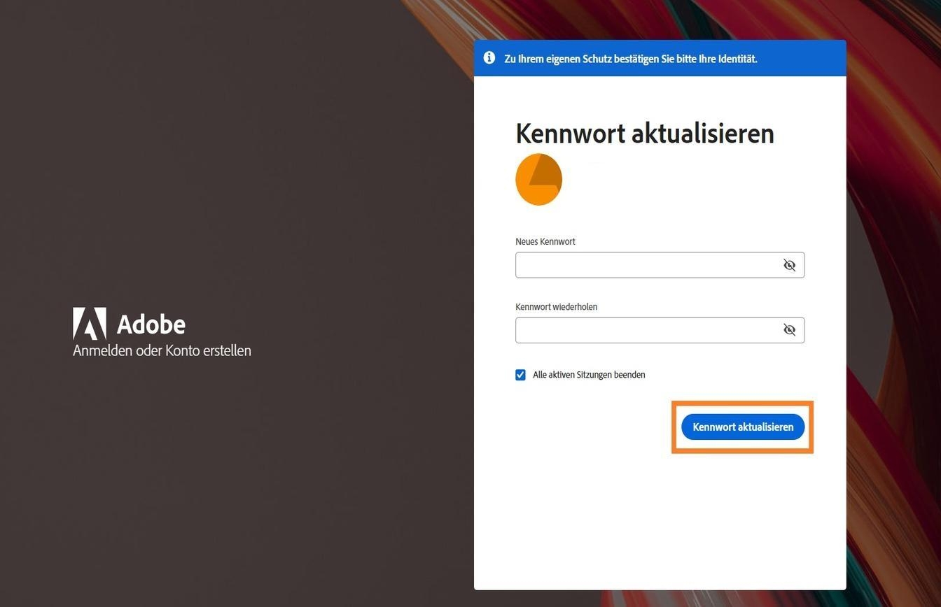 Die Schaltfläche „Kennwort aktualisieren“ befindet sich auf der rechten Seite des Fensters „Kennwort aktualisieren“ und ermöglicht es dir, dein Adobe-Kennwort zu ändern. 