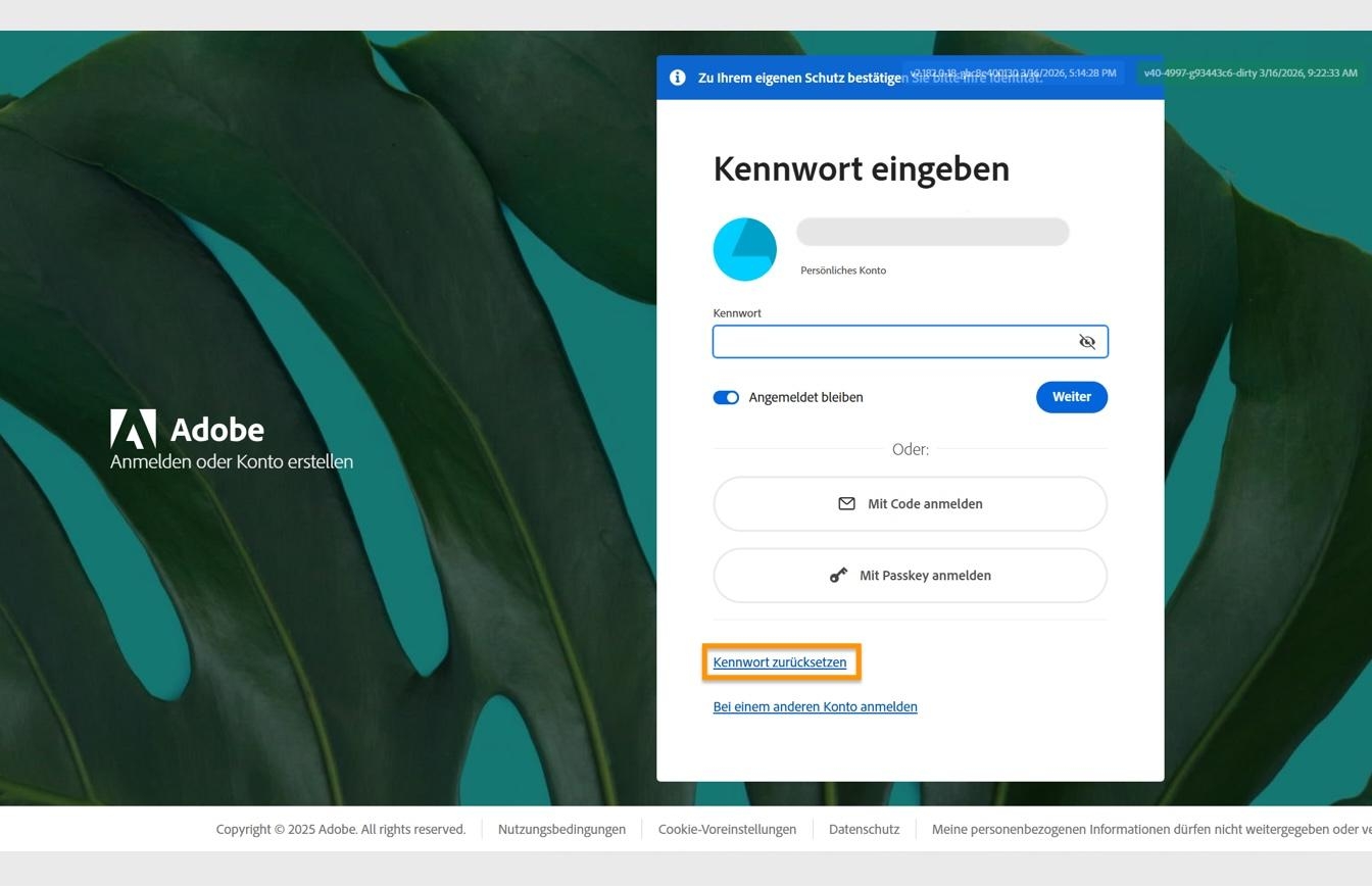 Die Adobe-Anmeldeseite mit dem Dialogfeld „Kennwort eingeben“, in dem die Schaltfläche „Kennwort zurücksetzen“ hervorgehoben ist.