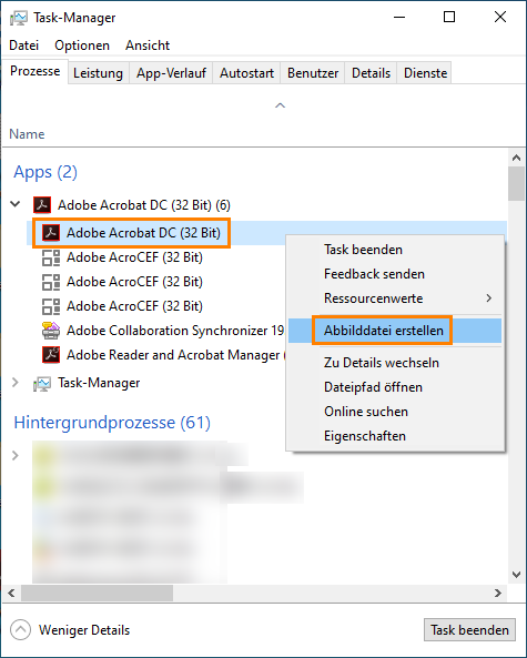 Erstellen Sie einen Prozess-Dump