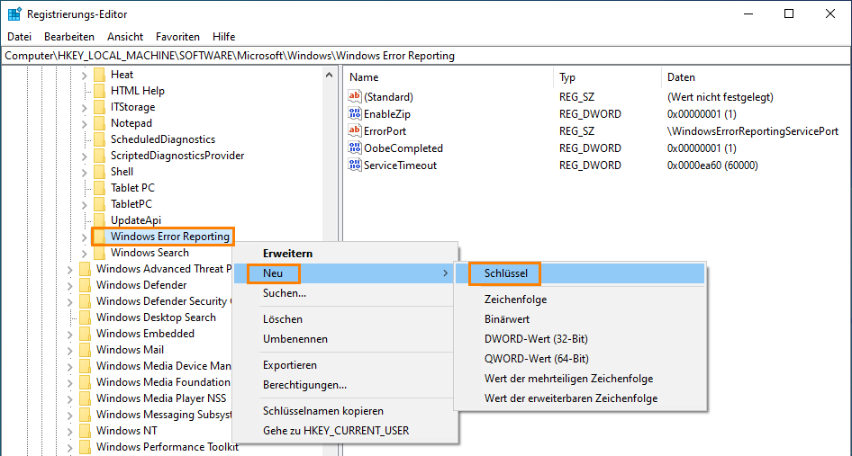 Erstellen Sie den LocalDumps-Registrierungsschlüssel