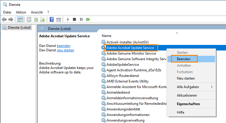 Beenden Sie den Adobe Acrobat Update Service