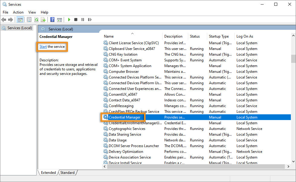 Starten Sie den Dienst „Anmeldeinformationsverwaltung“