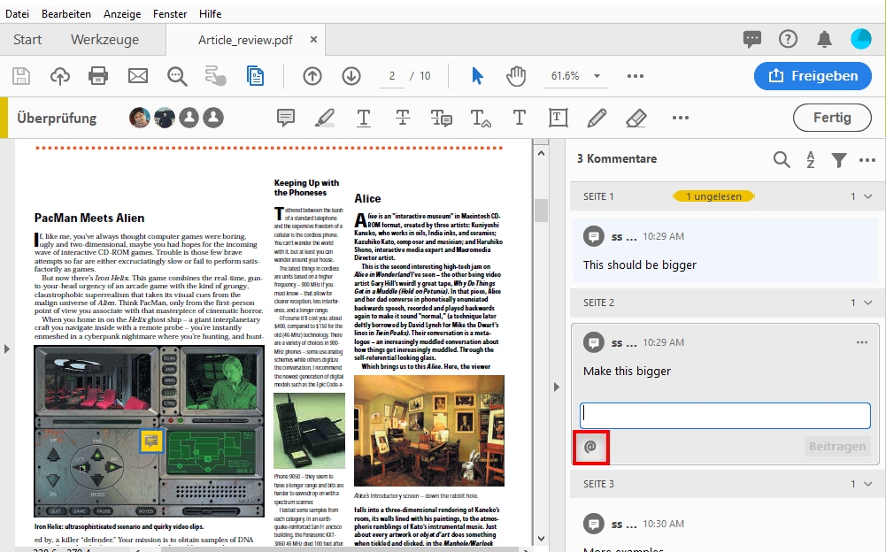@Erwähnung, um Überprüfende auf deinen Kommentar aufmerksam zu machen