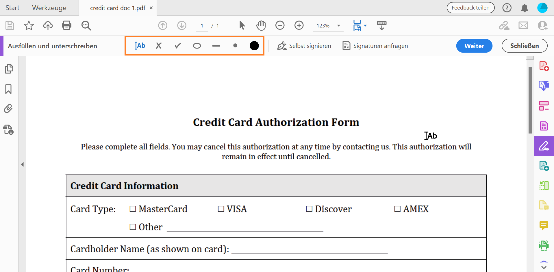 Bewegen Sie die Maus über ein Feld, um das erkannte Formularfeld anzuzeigen.