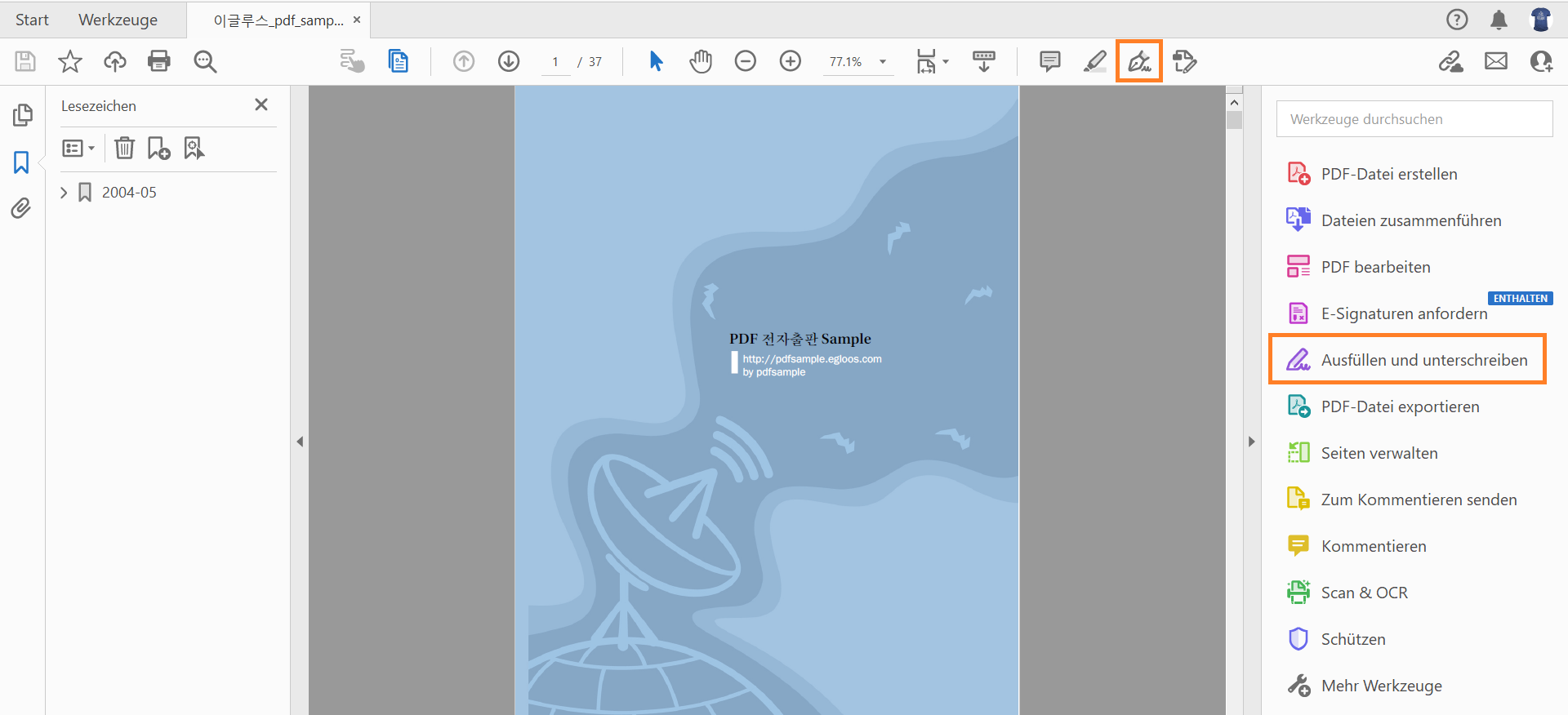 Werkzeug „Ausfüllen und unterschreiben“