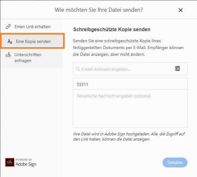 Version des ausgefüllten und unterzeichneten Formulars senden