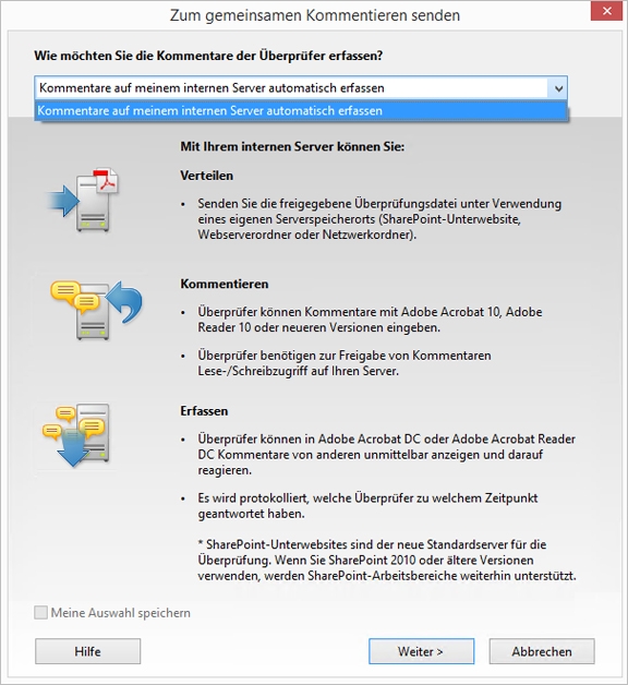 Option „Kommentare auf meinem internen Server automatisch erfassen“