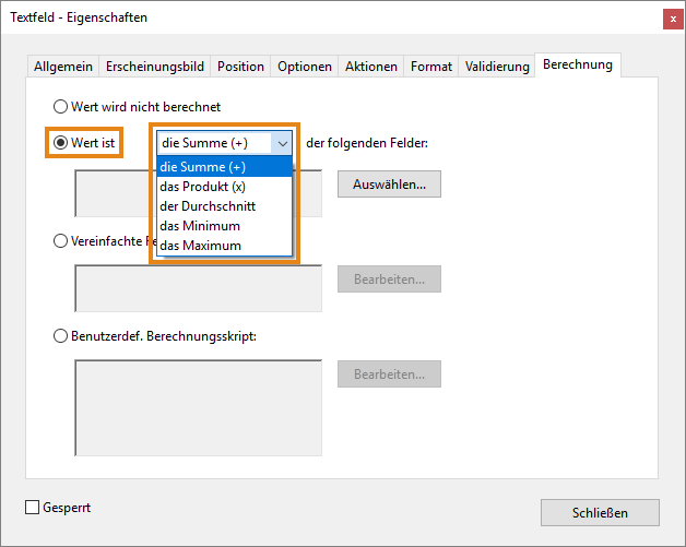 Vordefinierte Berechnungen