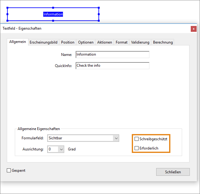 Festlegen eines Felds als erforderlich, nicht erforderlich oder schreibgeschützt