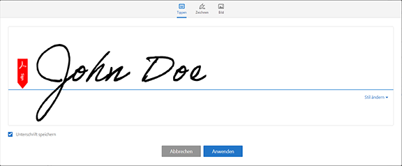 Signatur eingeben, zeichnen oder ein Bild importieren
