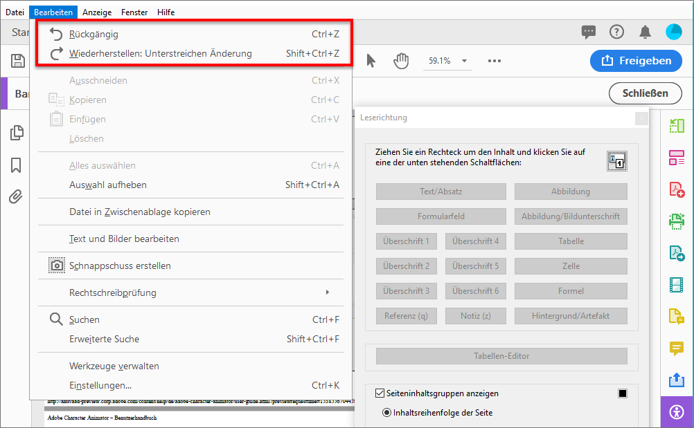 Leserichtungseinstellungen rückgängig machen oder wiederherstellen