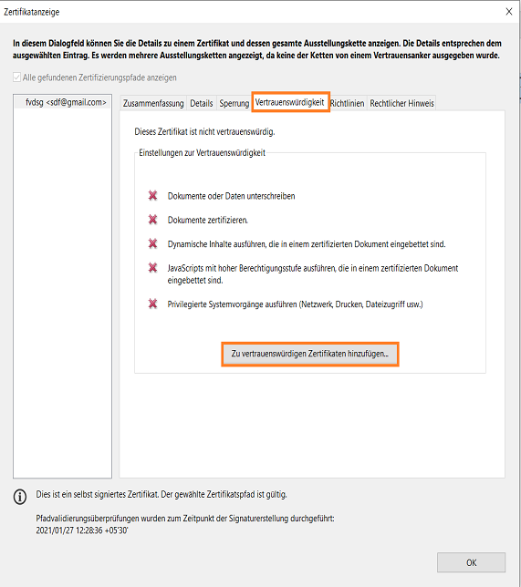 Zu vertrauenswürdigen Identitäten hinzufügen