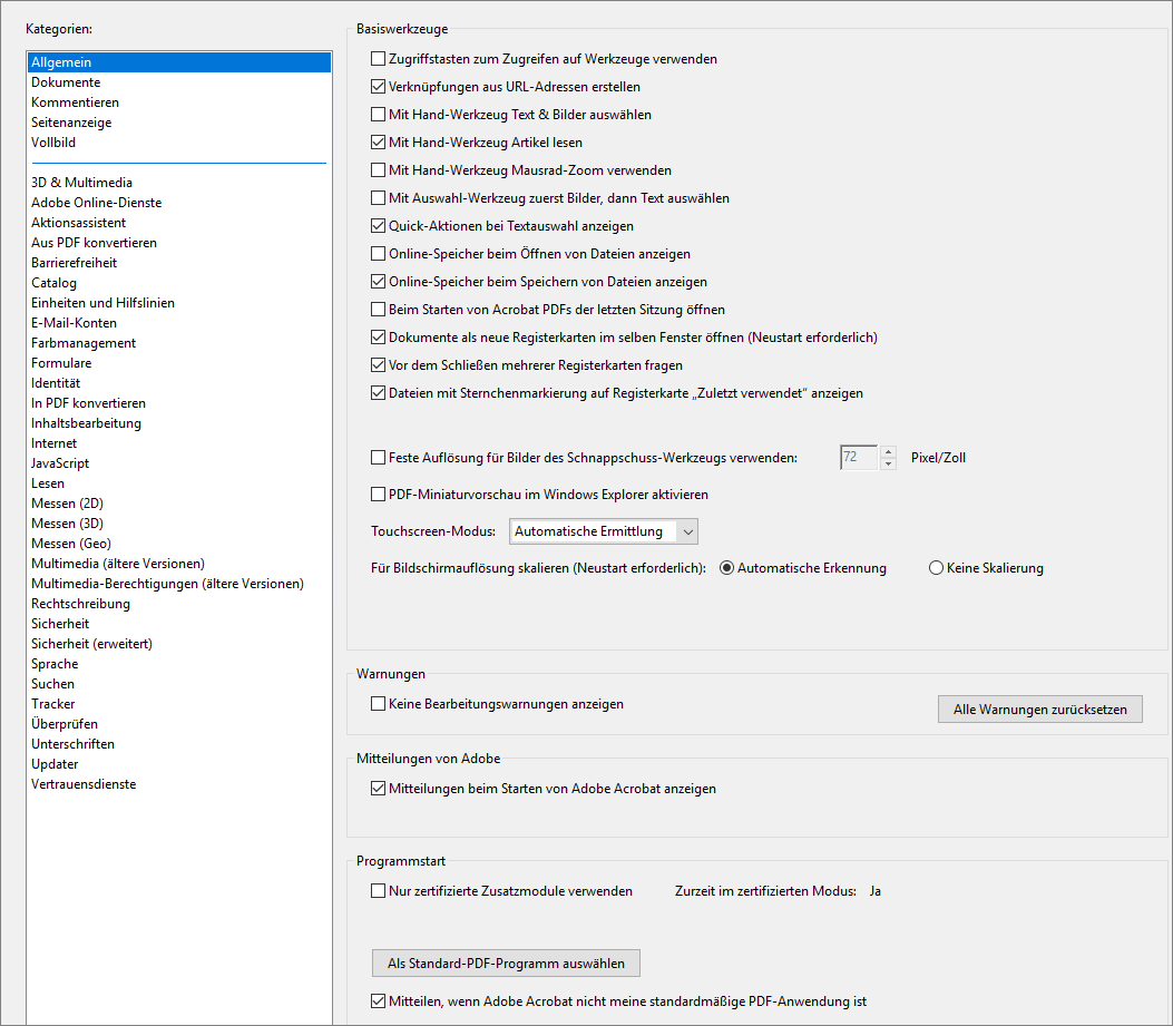 Dialogfeld für Acrobat-Voreinstellungen