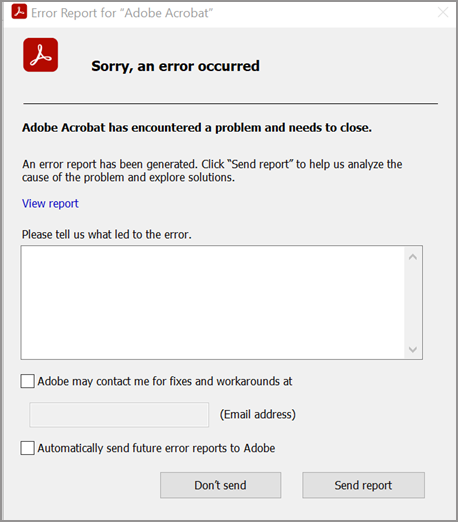 „Crash Reporter“-Dialogfeld unter Windows