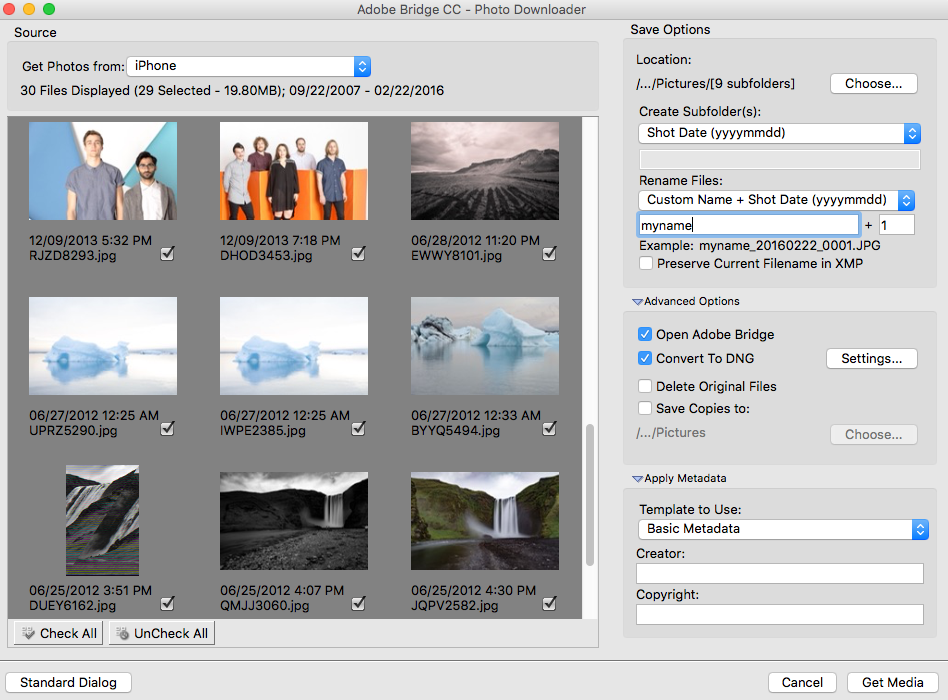 Adobe Bridge – Photo Downloader (Erweitertes Dialogfeld)