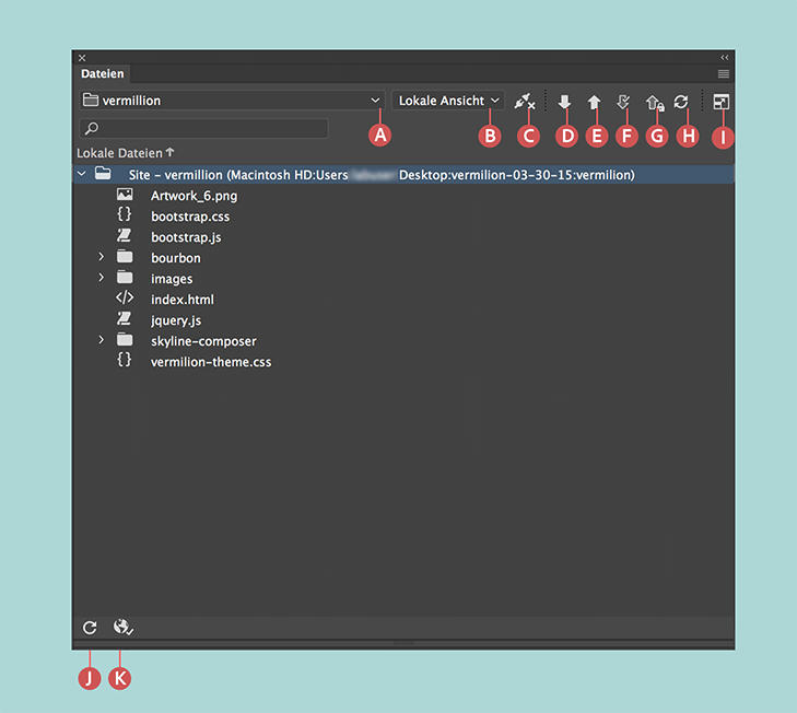 Das Bedienfeld „Dateien“, wenn eine Site, Verbindungen zu Remote-Servern und das Einchecken und Auschecken aktiviert sind