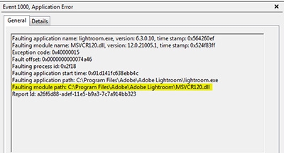 Ereignisanzeige in Windows zeigt das fehlerhafte Modul als MSVCR120.dll an