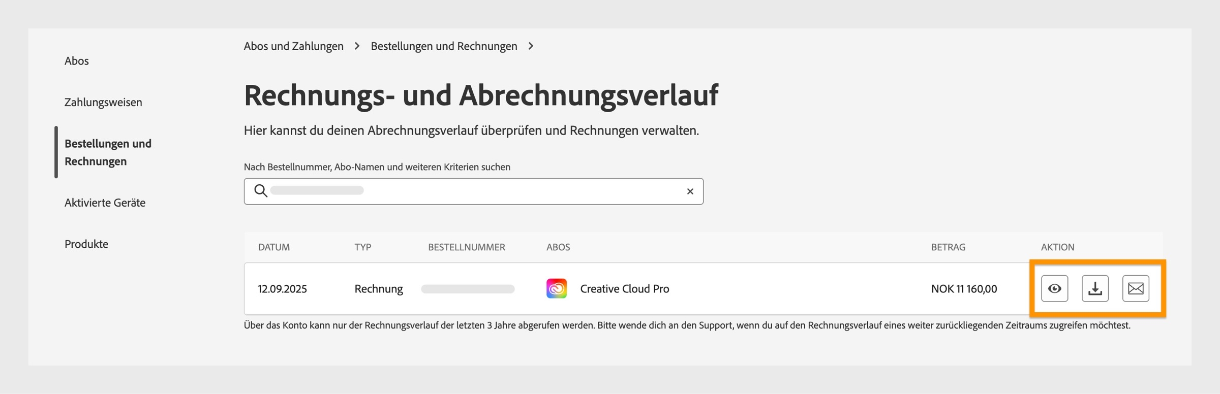 Mit den Symbolen „Anzeigen“, „Herunterladen“ und „E-Mail“, die sich auf der rechten Bildschirmseite unter befinden, kannst du deine Rechnungen anzeigen, herunterladen oder an deine E-Mail-Adresse schicken. 
