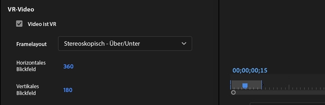 Im Bereich „VR-Video“ der Exporteinstellungen ist die Option „Video ist VR“ aktiviert, die angibt, dass es sich um ein VR-Video handelt. Außerdem sind weitere wichtige Details zur Konfiguration vor dem endgültigen Export aufgelistet.