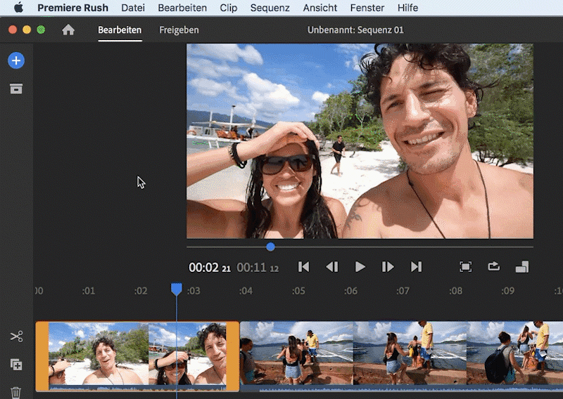 Wählen Sie den Audio-/Video-Clip im Schnittfenster aus und klicken Sie auf „Clip“ > „Separate Audiodaten“ oder drücken Sie auf der Tastatur die Taste „E“. 